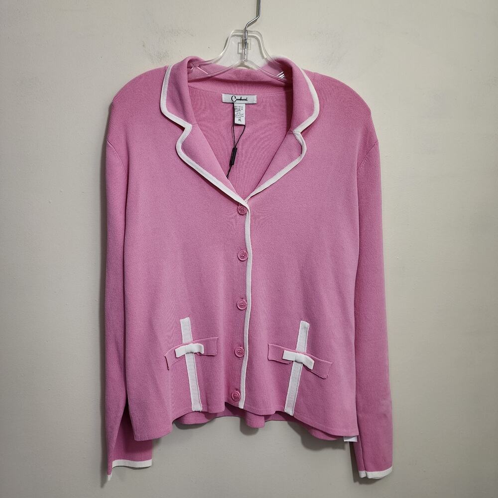 Carducci NWT VTG deadstock pink button front ribbed sweater‎ w/ bow detail sz XL